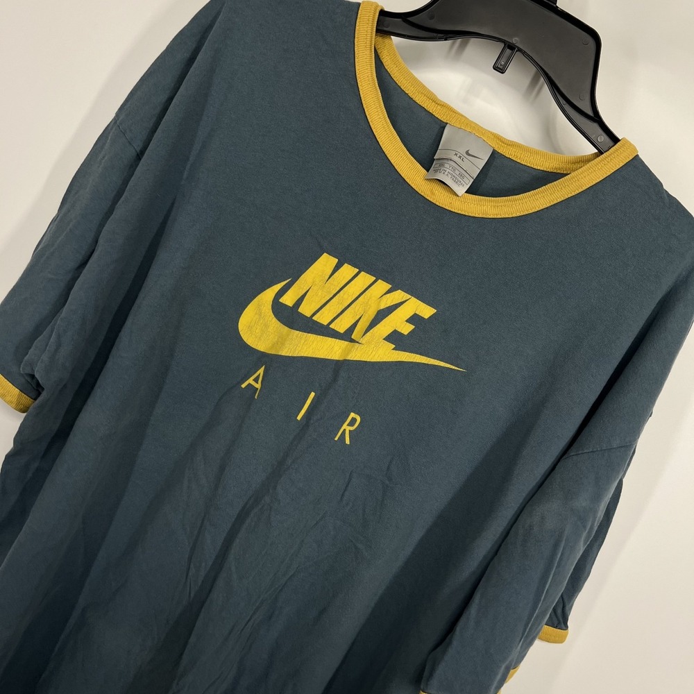 Vintage Nike Air Ringer T Shirt 2XL Blue Yellow Swoosh Logo Made In US Fabric